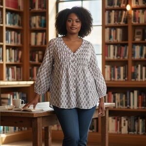 J. Jill Women’s Blouse 3/4 Sleeve Blue/Pink Paisley Tuxedo Size-M EUC